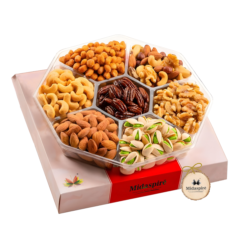 Assorted Midaspire dry fruits and nuts presented on a tray